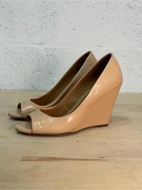 Aldo Patent Peep-Toe Wedge Pumps in Beige